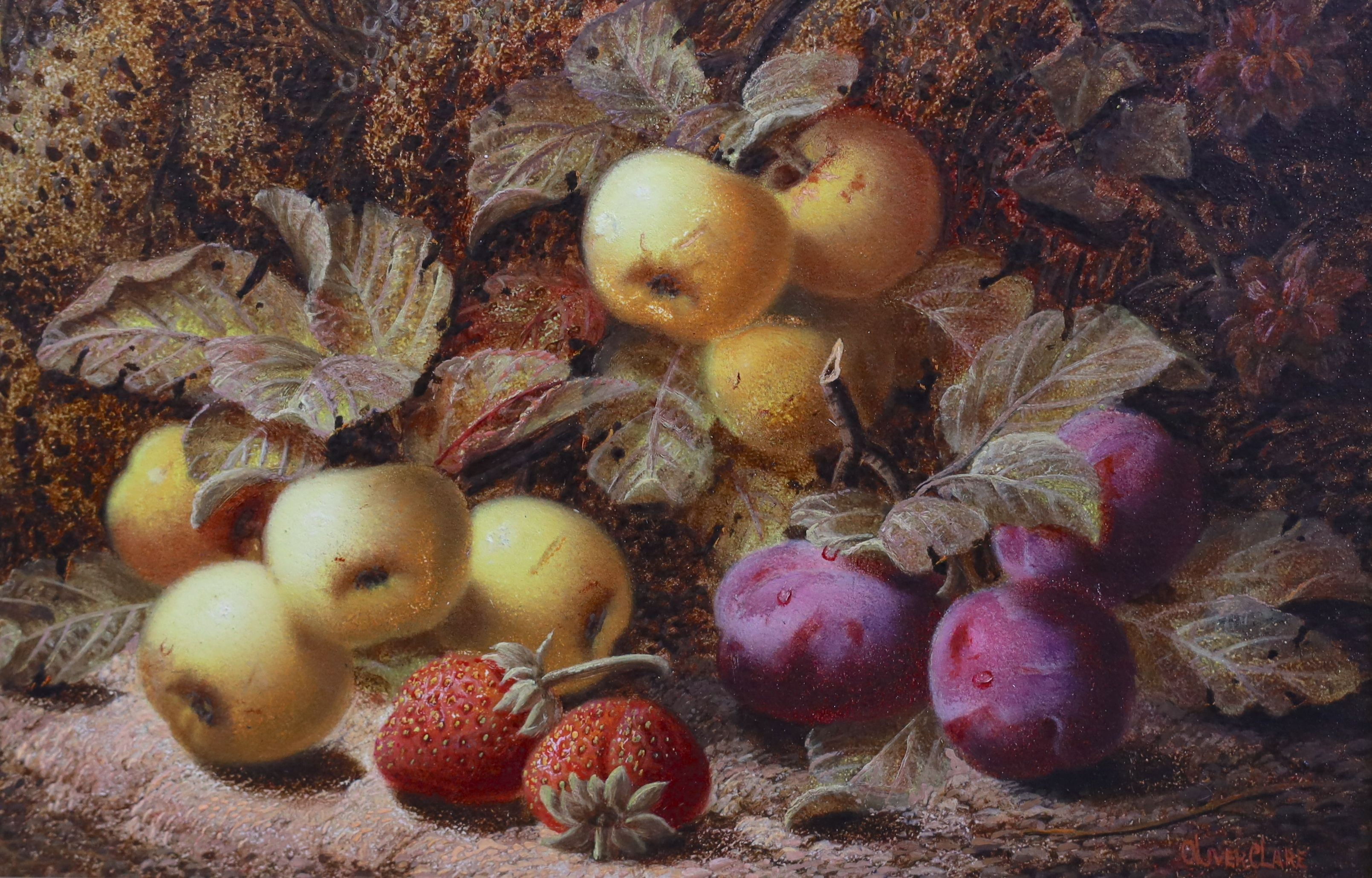 Oliver Clare (1853-1927), Still lifes of grapes, a peach and greengages and apples, plums and strawberries, oil on board, a pair, 19 x 29cm